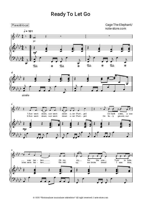 Ready To Let Go - Cage The Elephant Piano Sheet Music with the Voice part - Piano&Vocal