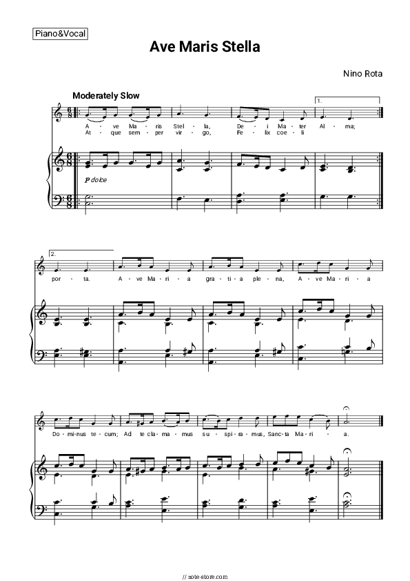 Ave Maris Stella - Nino Rota Piano Sheet Music with the Voice part - Piano&Vocal