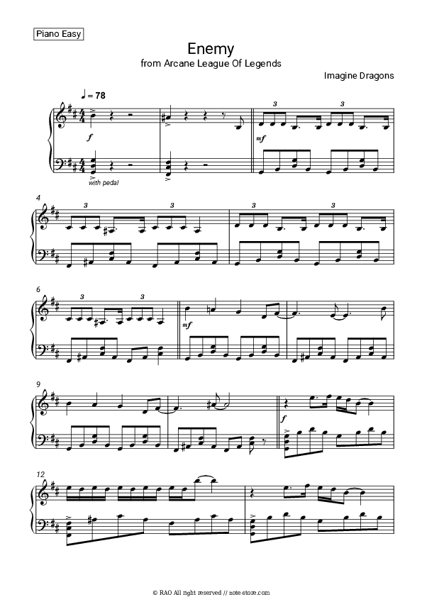 Enemy (from the series Arcane League of Legends) - Imagine Dragons Piano Sheet Music Easy - Piano.Easy