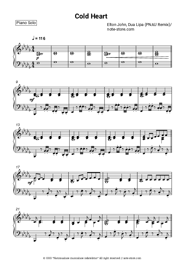 Cold Heart - Elton John, Dua Lipa Piano Sheet Music - Piano.Solo