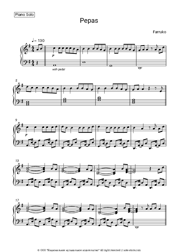 Pepas - Farruko Piano Sheet Music - Piano.Solo