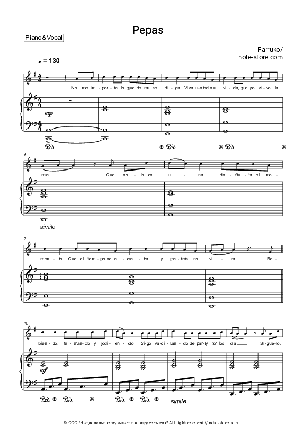 Pepas - Farruko Piano Sheet Music with the Voice part - Piano&Vocal