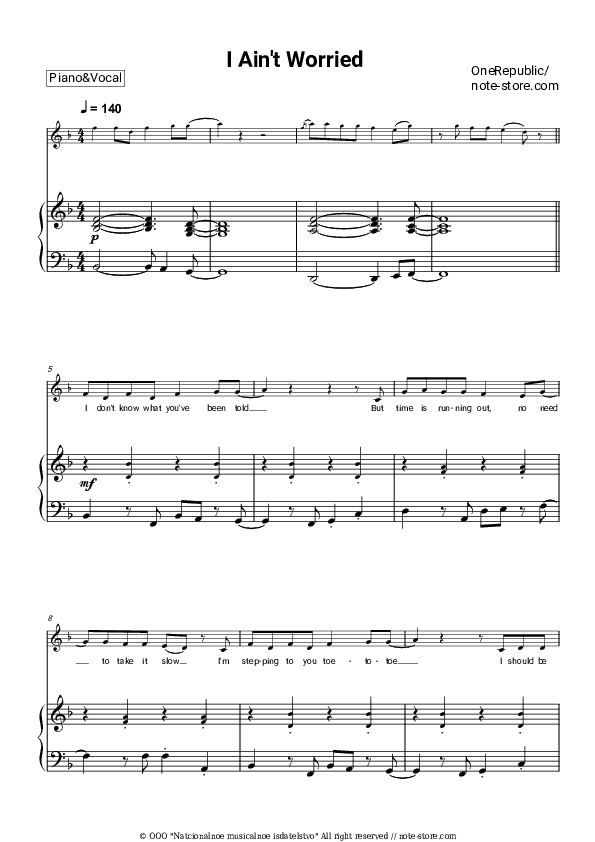 I Ain't Worried - OneRepublic Piano Sheet Music with the Voice part - Piano&Vocal