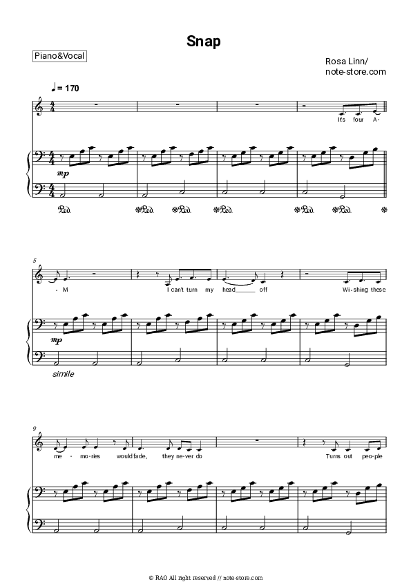 SNAP - Rosa Linn Piano Sheet Music with the Voice part - Piano&Vocal