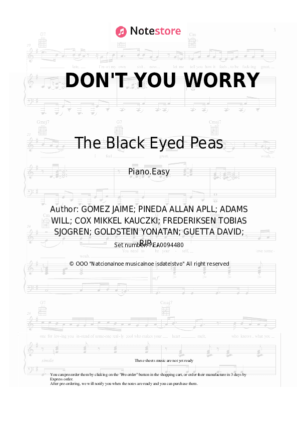 DON'T YOU WORRY - The Black Eyed Peas, Shakira, David Guetta Piano Sheet Music Easy - Piano.Easy