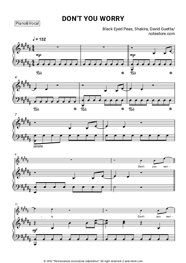 DON'T YOU WORRY - The Black Eyed Peas, Shakira, David Guetta Piano Sheet Music with the Voice part - Piano&Vocal