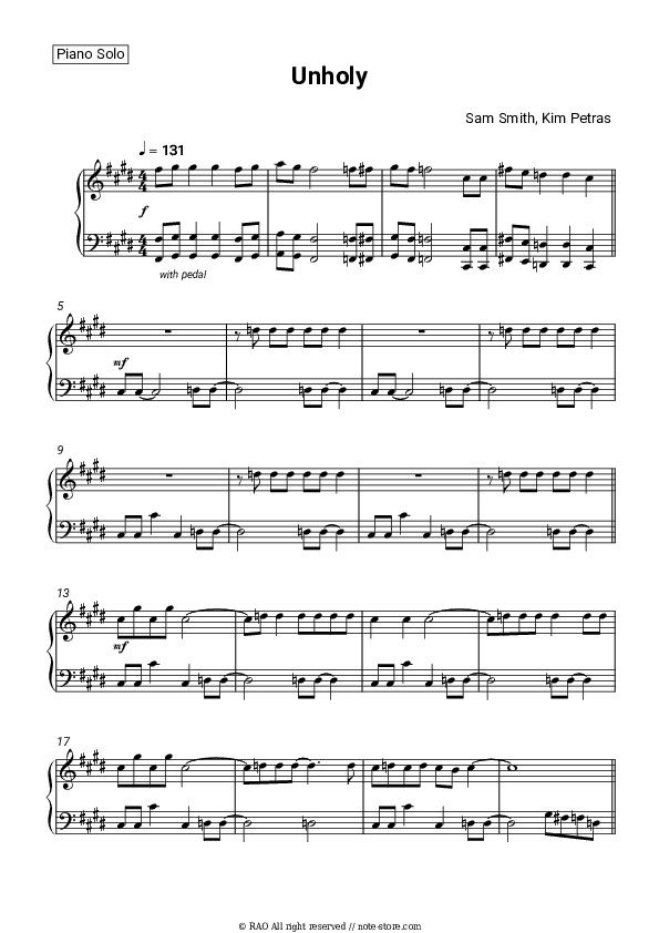 Unholy - Sam Smith, Kim Petras Piano Sheet Music - Piano.Solo