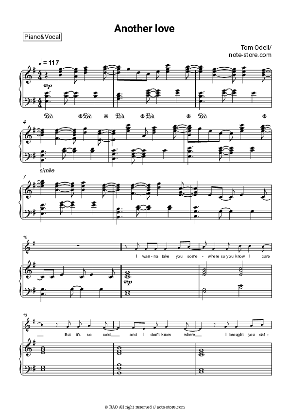 Another Love - Tom Odell Piano Sheet Music with the Voice part - Piano&Vocal