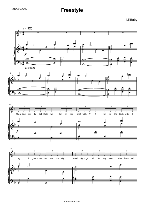 Freestyle - Lil Baby Piano Sheet Music with the Voice part - Piano&Vocal