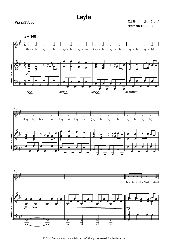 Layla - DJ Robin, Schürze Piano Sheet Music with the Voice part - Piano&Vocal