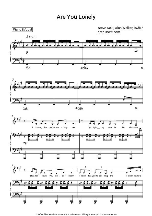 Are You Lonely - Steve Aoki, Alan Walker, ISÁK Piano Sheet Music with the Voice part - Piano&Vocal