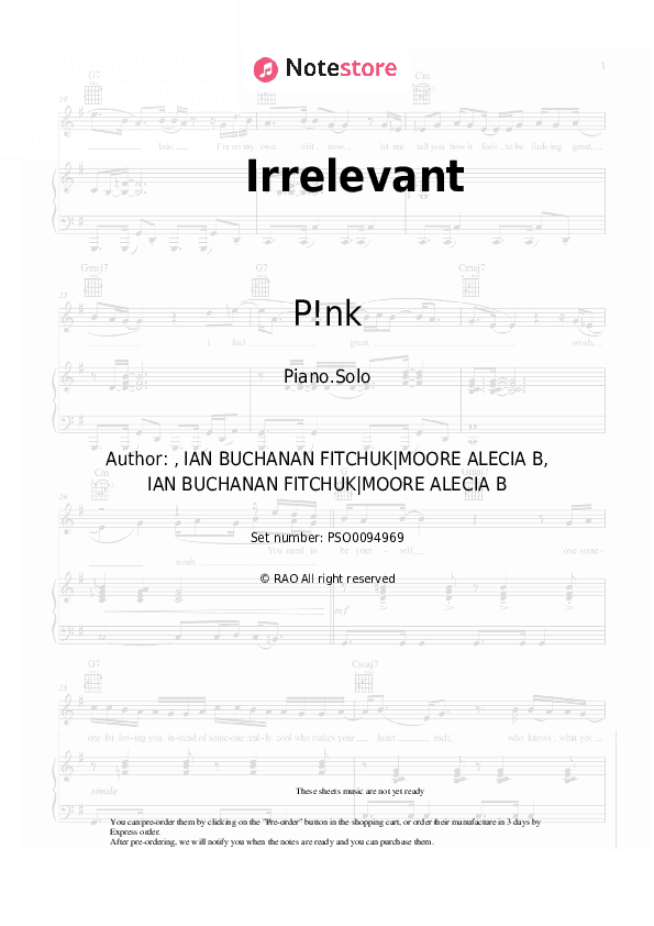 Irrelevant - P!nk Piano Sheet Music - Piano.Solo