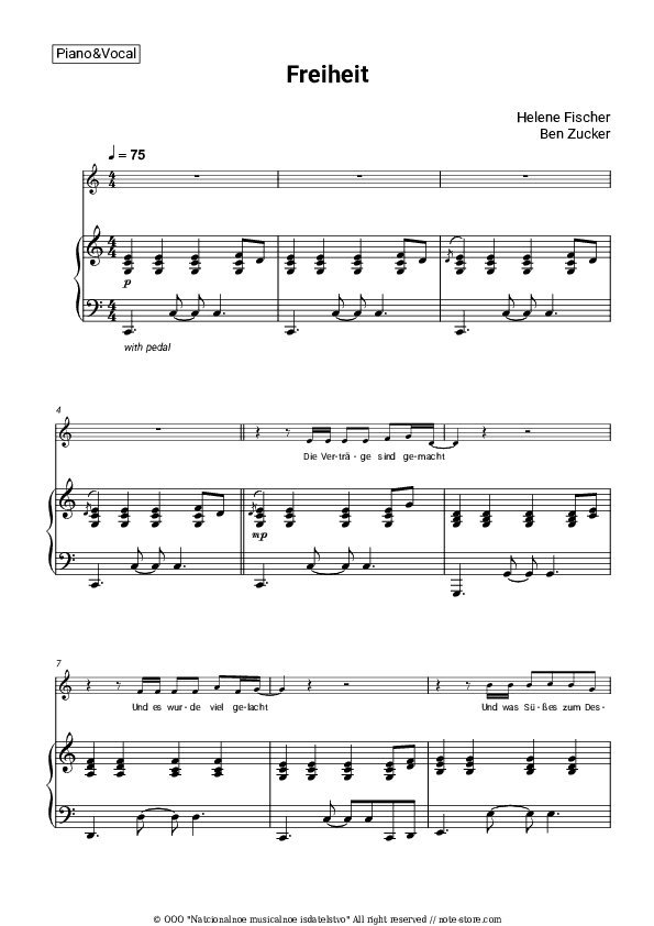 Freiheit - Helene Fischer, Ben Zucker Piano Sheet Music with the Voice part - Piano&Vocal