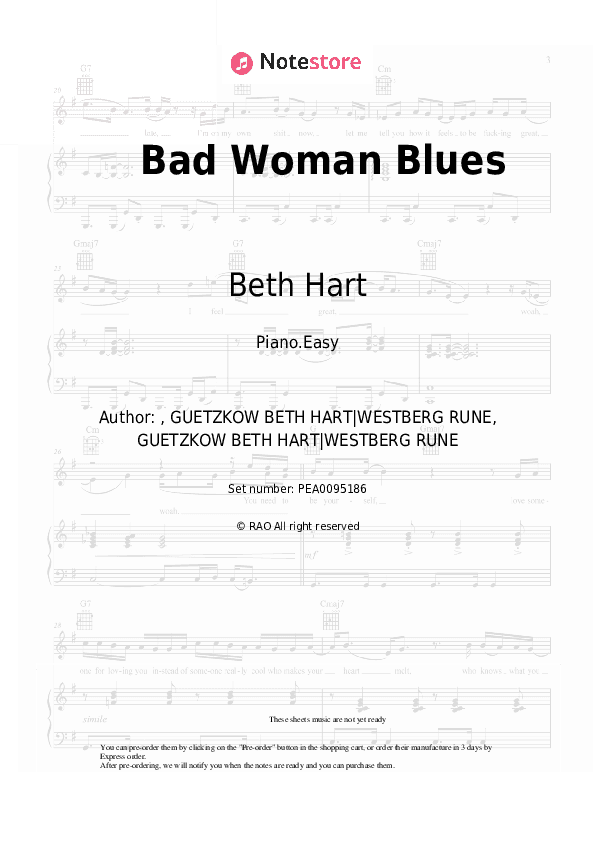 Bad Woman Blues - Beth Hart Piano Sheet Music Easy - Piano.Easy
