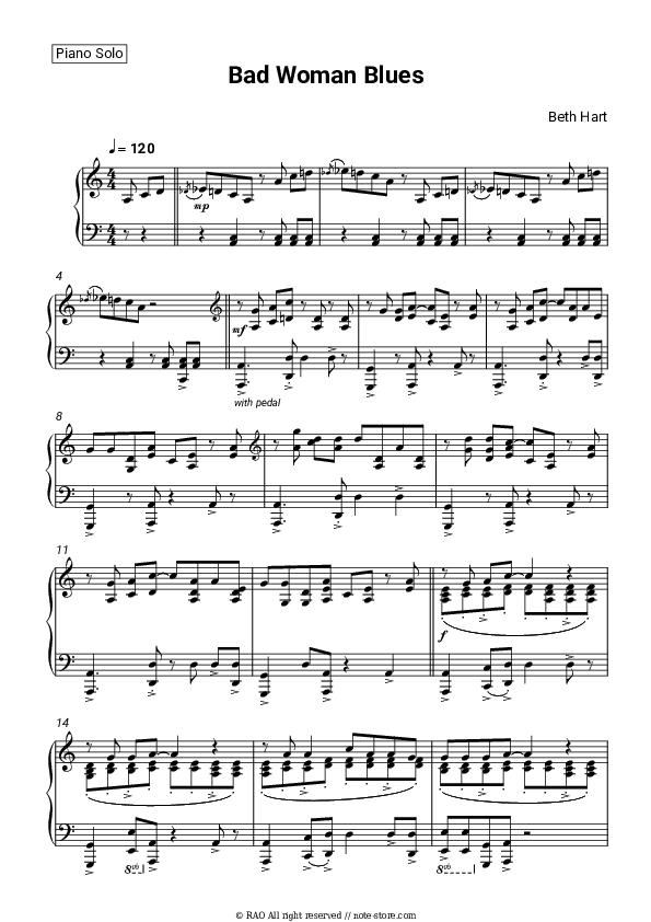 Bad Woman Blues - Beth Hart Piano Sheet Music - Piano.Solo