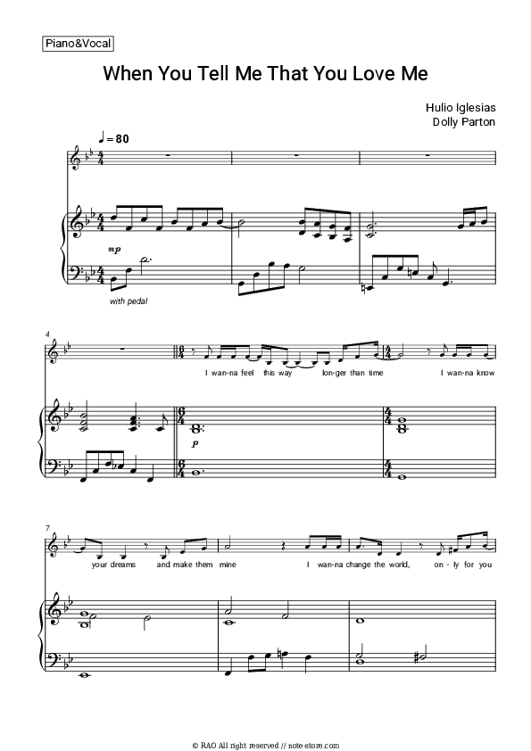 When You Tell Me That You Love Me - Julio Iglesias, Dolly Parton Piano Sheet Music with the Voice part - Piano&Vocal