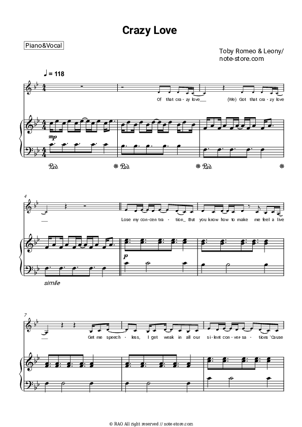 Crazy Love - Toby Romeo, Leony Piano Sheet Music with the Voice part - Piano&Vocal