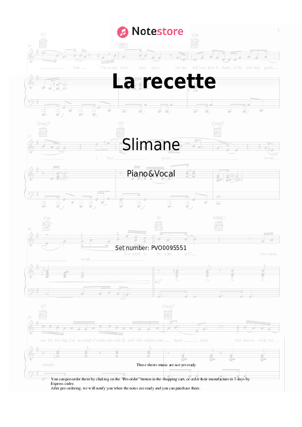 La recette - Slimane Piano Sheet Music with the Voice part - Piano&Vocal