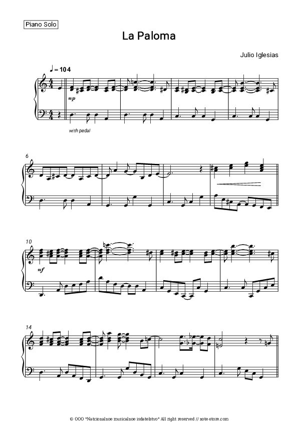 La Paloma - Julio Iglesias Piano Sheet Music - Piano.Solo