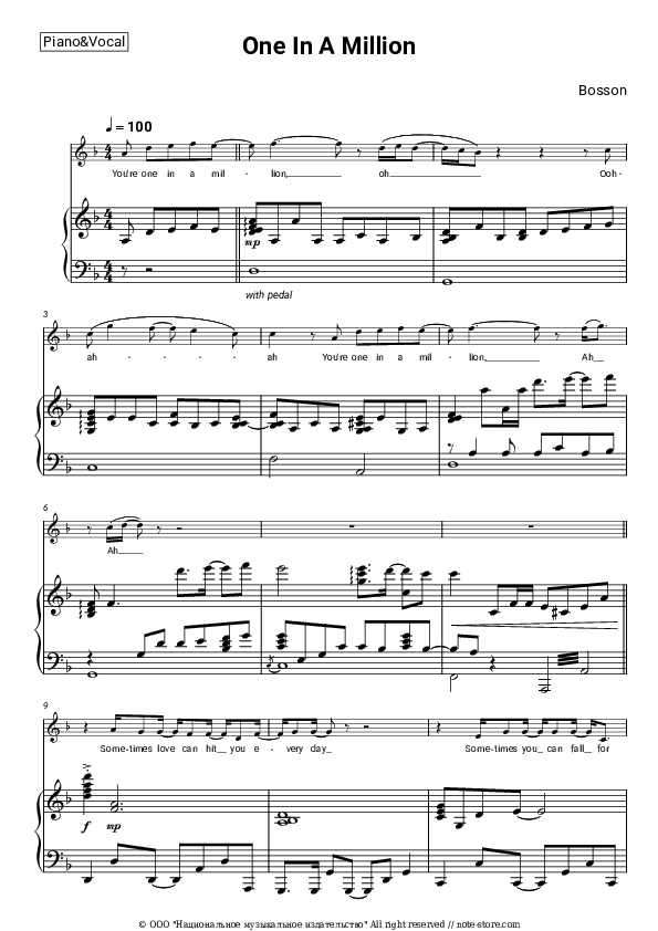 One In A Million - Bosson Piano Sheet Music with the Voice part - Piano&Vocal