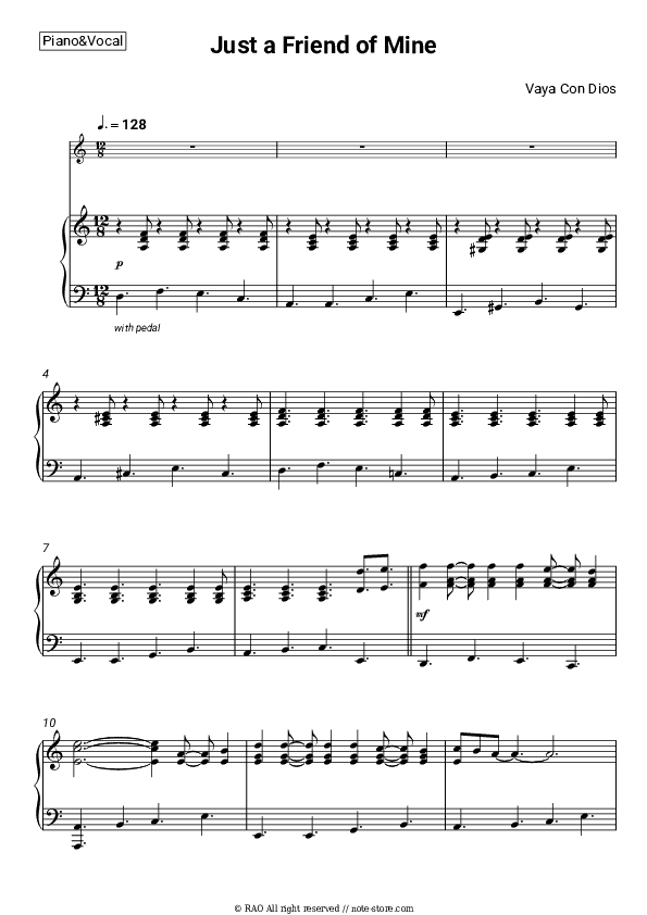 Just a Friend of Mine - Vaya Con Dios Piano Sheet Music with the Voice part - Piano&Vocal