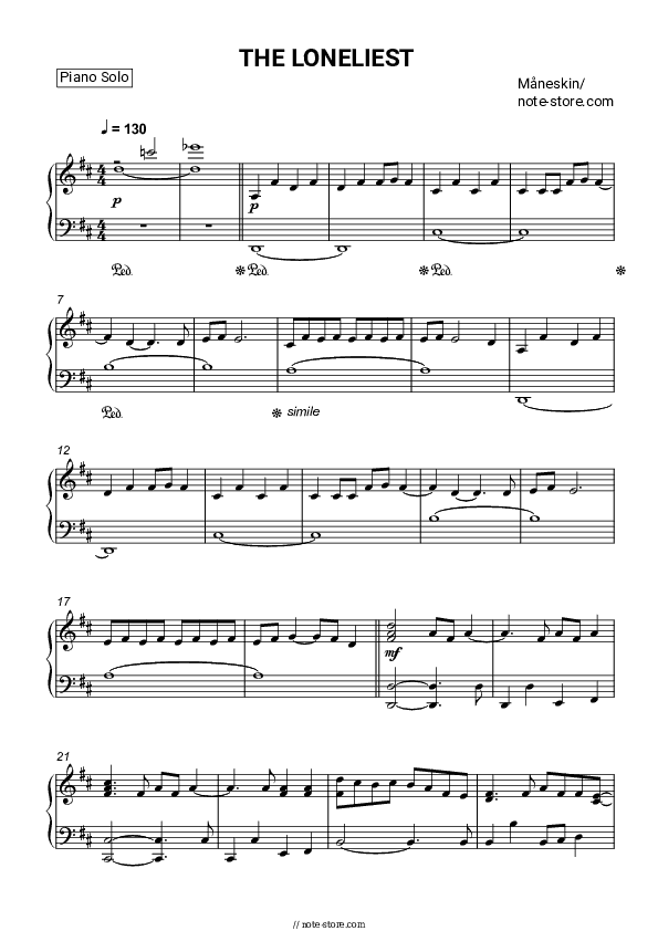 THE LONELIEST - Måneskin Piano Sheet Music - Piano.Solo
