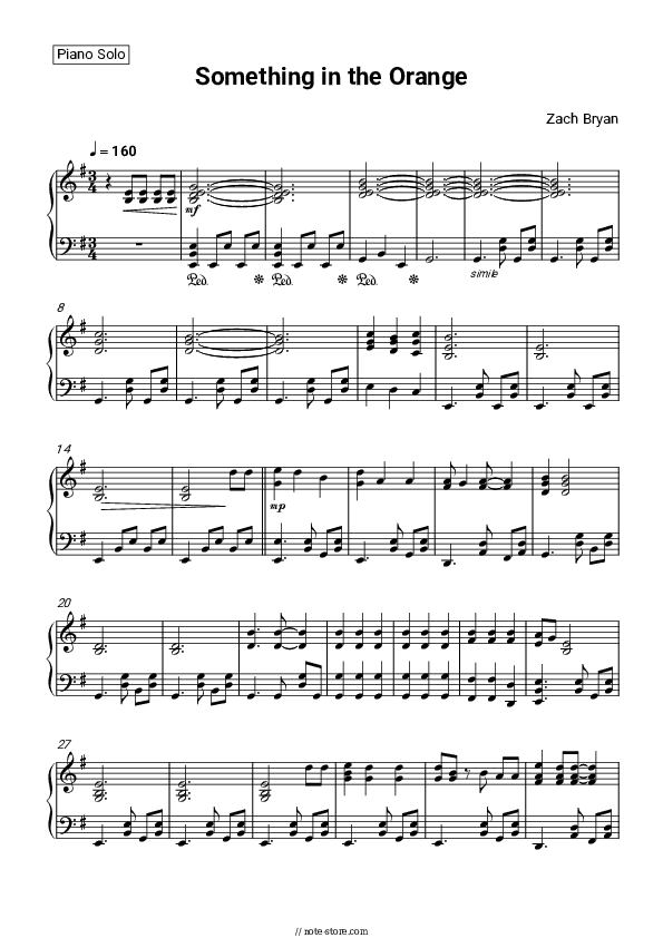 Something in the Orange - Zach Bryan Piano Sheet Music - Piano.Solo