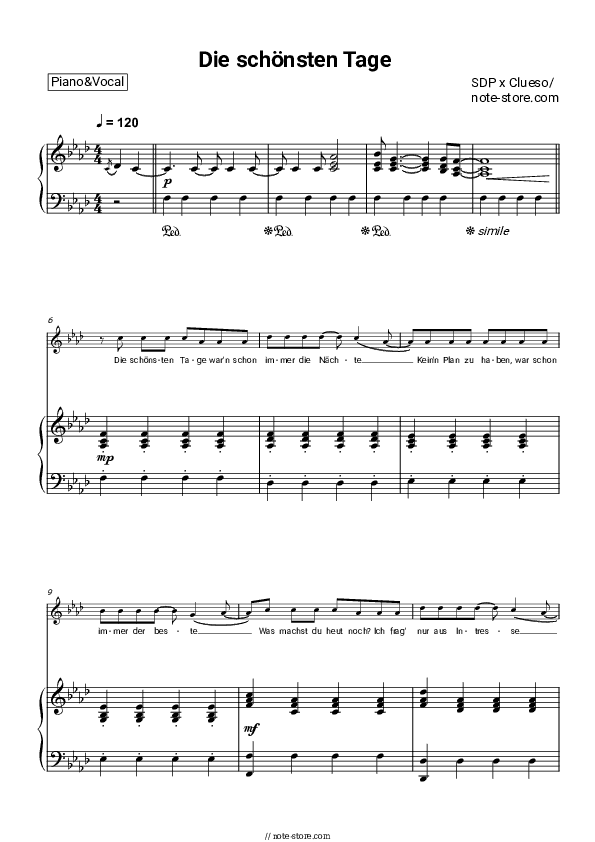 Die schönsten Tage - SDP, Clueso Piano Sheet Music with the Voice part - Piano&Vocal