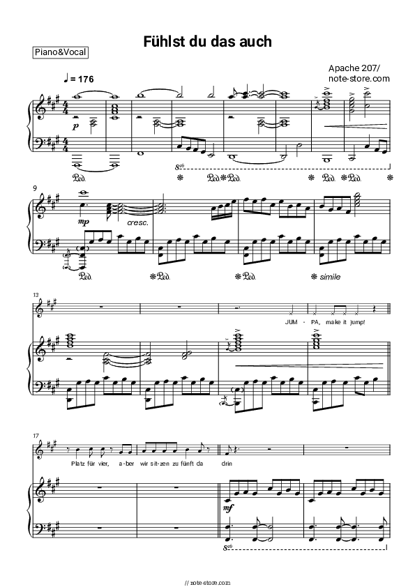 Fühlst du das auch - Apache 207 Piano Sheet Music with the Voice part - Piano&Vocal