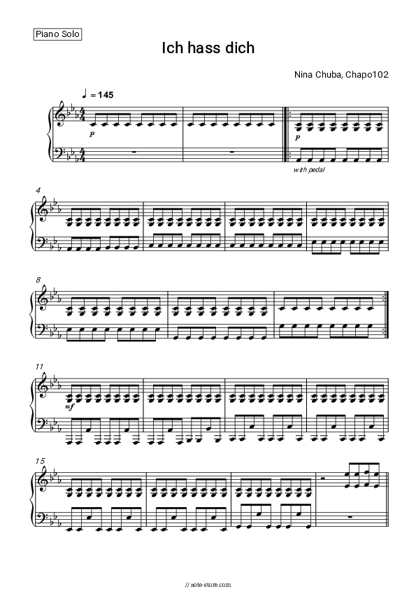 Ich hass dich - Nina Chuba, Chapo102 Piano Sheet Music - Piano.Solo