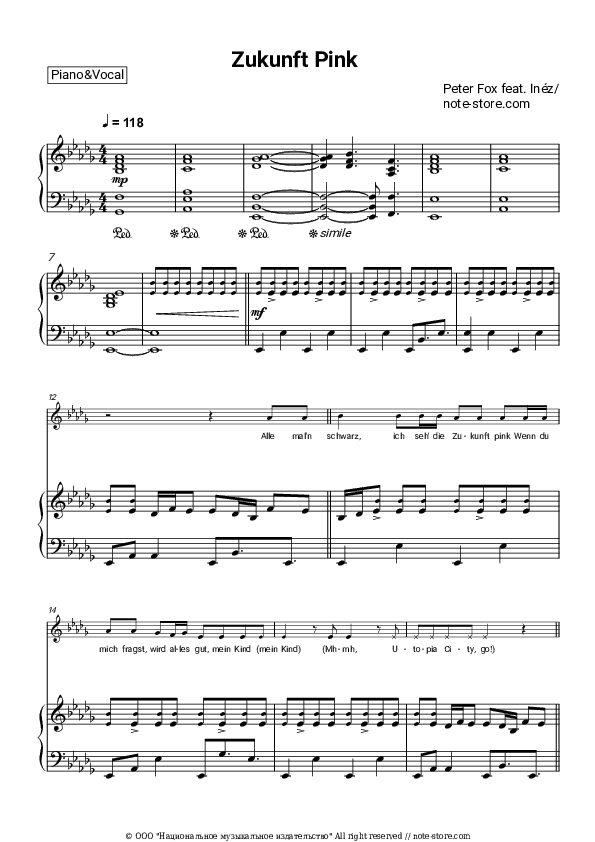 Zukunft Pink - Peter Fox, Inez Piano Sheet Music with the Voice part - Piano&Vocal