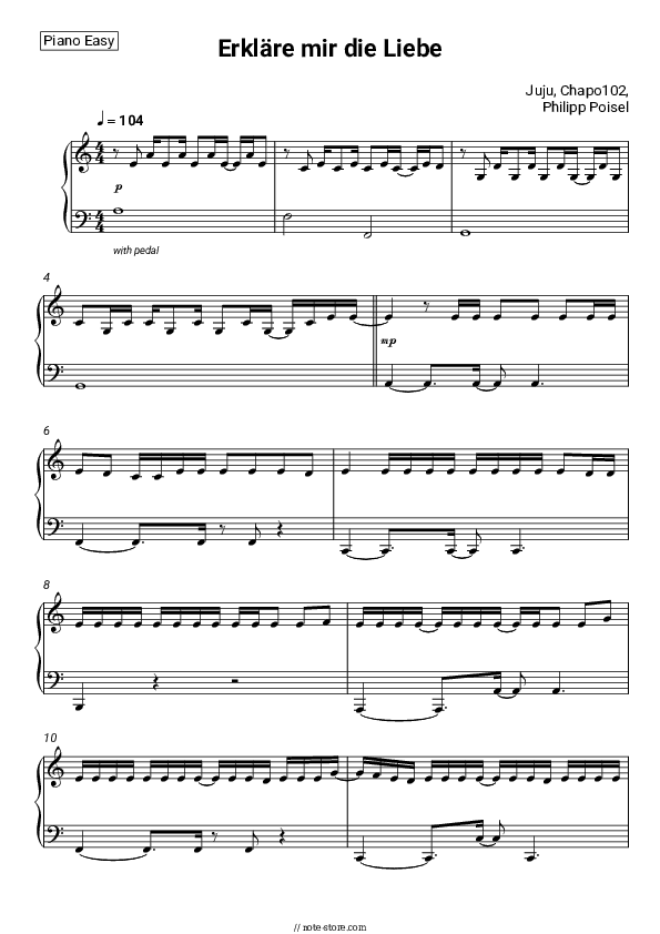 Erkläre mir die Liebe - Juju, Chapo102, Philipp Poisel Piano Sheet Music Easy - Piano.Easy
