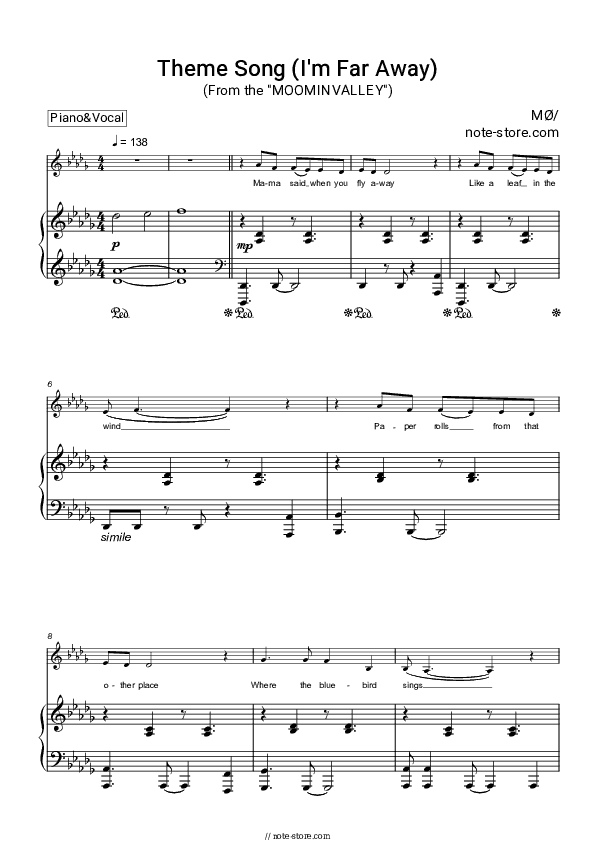 Theme Song (I'm Far Away) (From the MOOMINVALLEY) - MØ Piano Sheet Music with the Voice part - Piano&Vocal