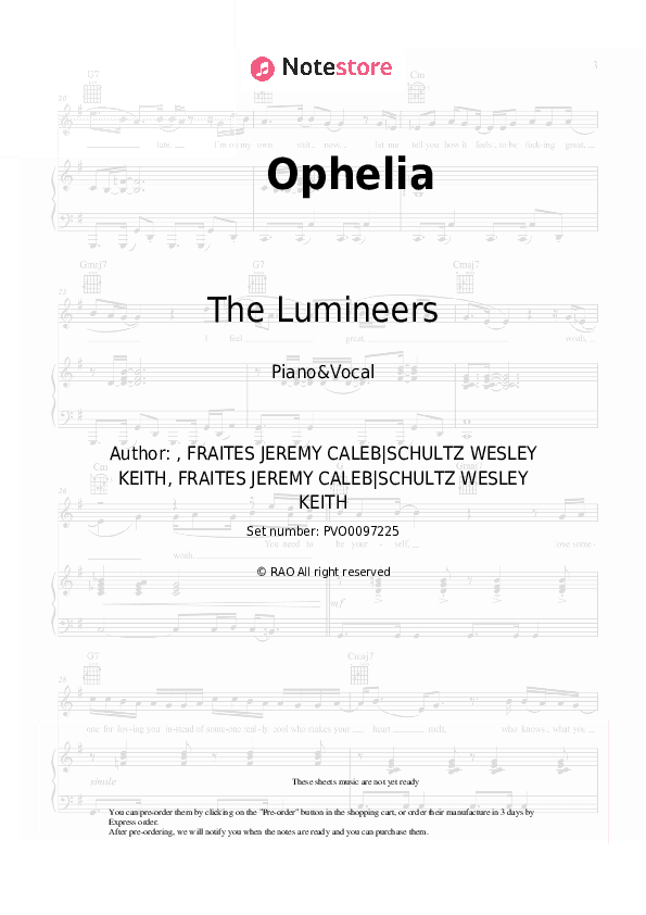 Ophelia - The Lumineers Piano Sheet Music with the Voice part - Piano&Vocal