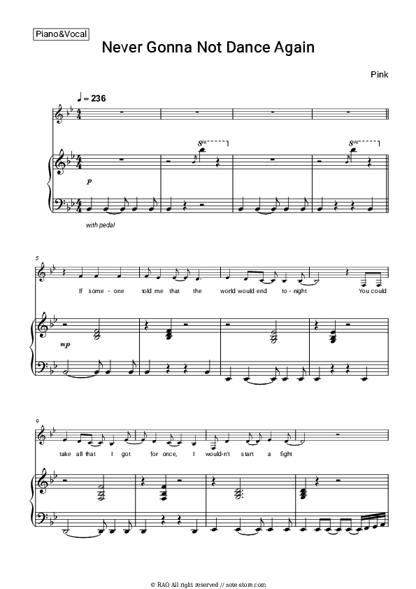 Never Gonna Not Dance Again - P!nk Piano Sheet Music with the Voice part - Piano&Vocal