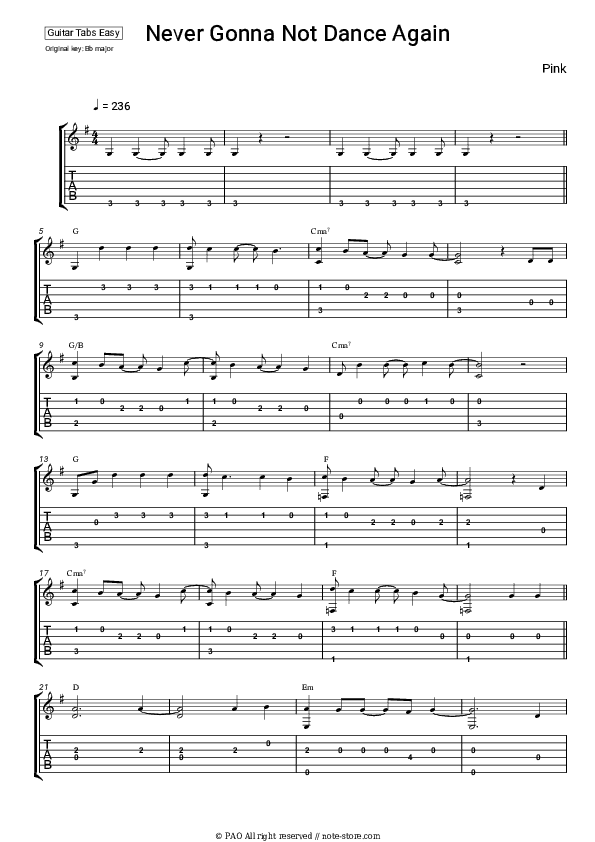 Never Gonna Not Dance Again - P!nk Tabs Easy - Guitar.Tab.Easy