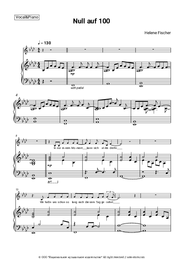 Null auf 100 - Helene Fischer Piano Sheet Music with the Voice part - Piano&Vocal