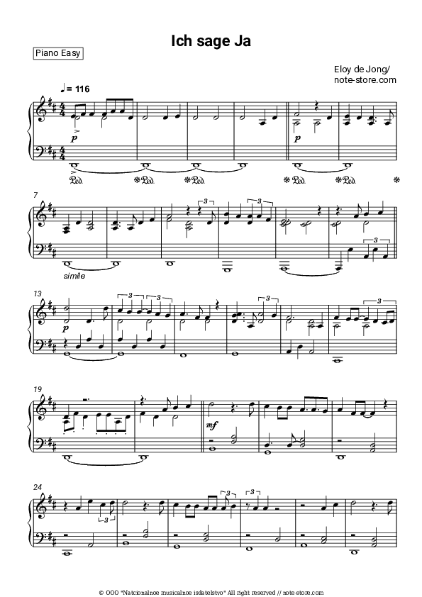 Ich sage Ja - Eloy De Jong Piano Sheet Music Easy - Piano.Easy