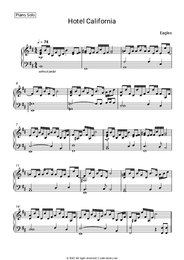 Hotel California - Eagles Piano Sheet Music - Piano.Solo