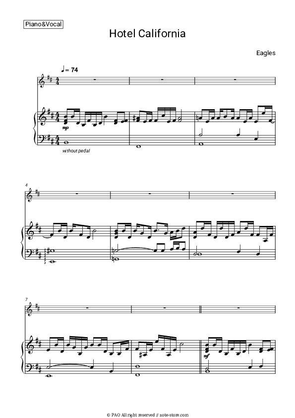 Hotel California - Eagles Piano Sheet Music with the Voice part - Piano&Vocal