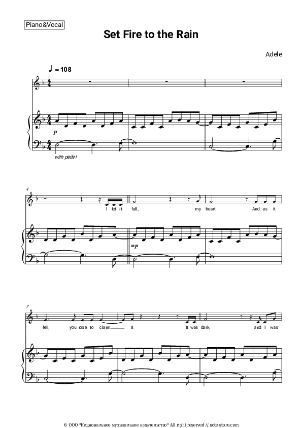 Set Fire To The Rain - Adele Piano Sheet Music with the Voice part - Piano&Vocal