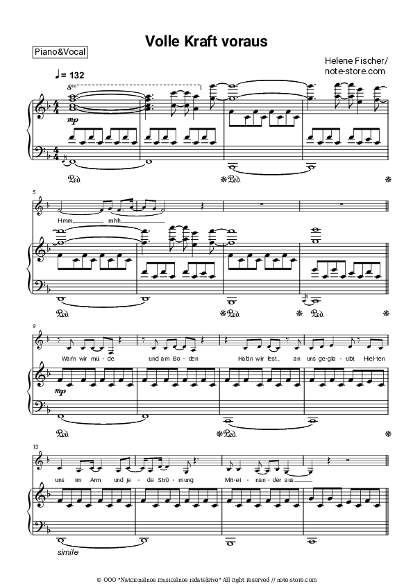 Volle Kraft voraus - Helene Fischer Piano Sheet Music with the Voice part - Piano&Vocal
