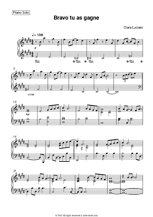 Bravo tu as gagné - Clara Luciani Piano Sheet Music - Piano.Solo