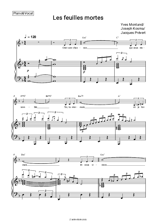Les Feuilles Mortes - Yves Montand Piano Sheet Music with the Voice part - Piano&Vocal