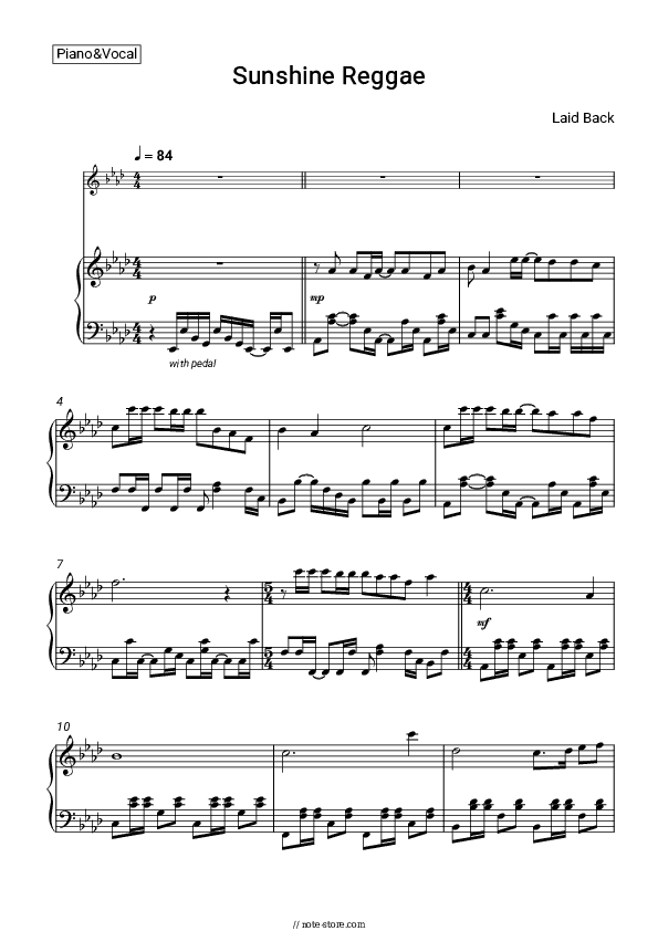 Sunshine Reggae - Laid Back Piano Sheet Music with the Voice part - Piano&Vocal