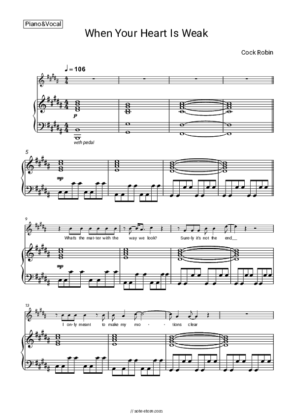 When Your Heart Is Weak - Cock Robin Piano Sheet Music with the Voice part - Piano&Vocal