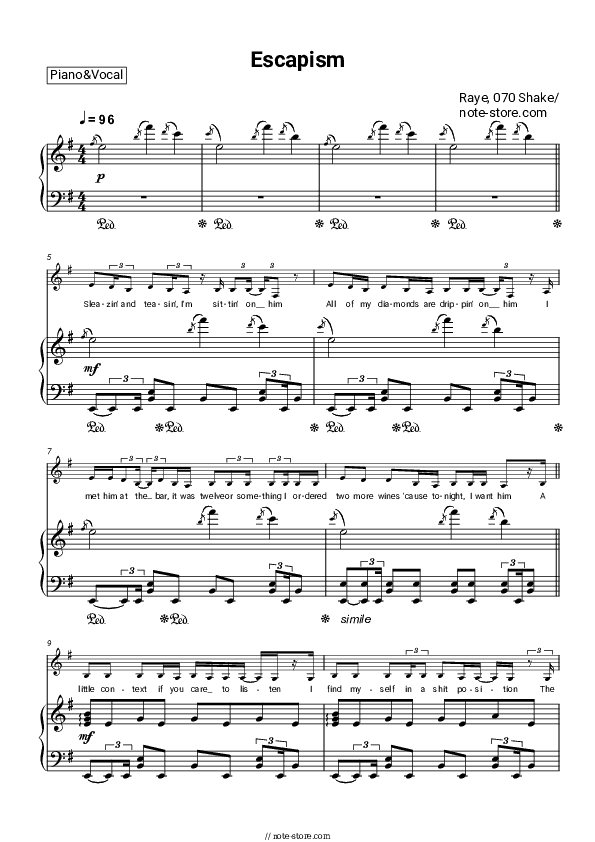 Escapism. - Raye, 070 Shake Piano Sheet Music with the Voice part - Piano&Vocal