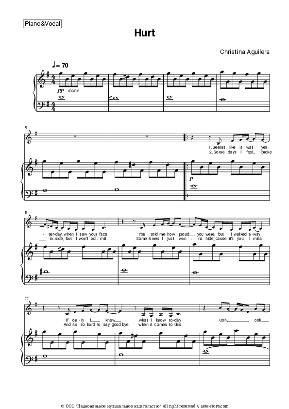 Hurt - Christina Aguilera Piano Sheet Music with the Voice part - Piano&Vocal