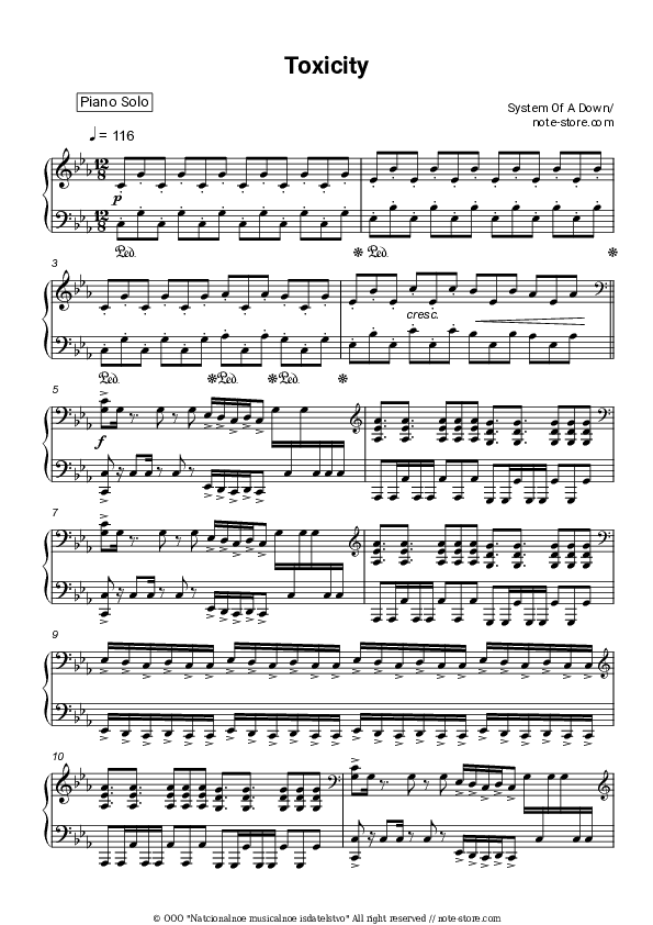 Toxicity - System of a down Piano Sheet Music - Piano.Solo