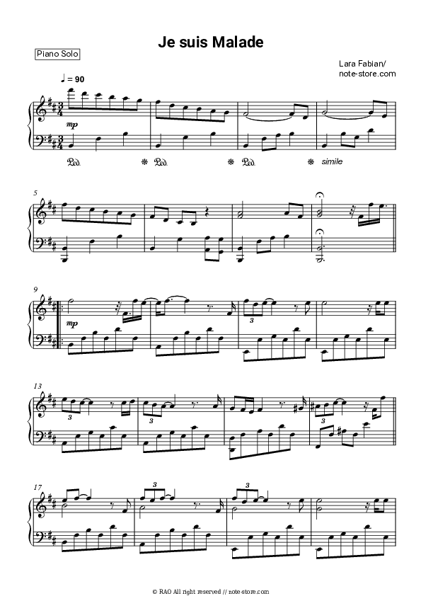Je suis Malade - Lara Fabian Piano Sheet Music - Piano.Solo